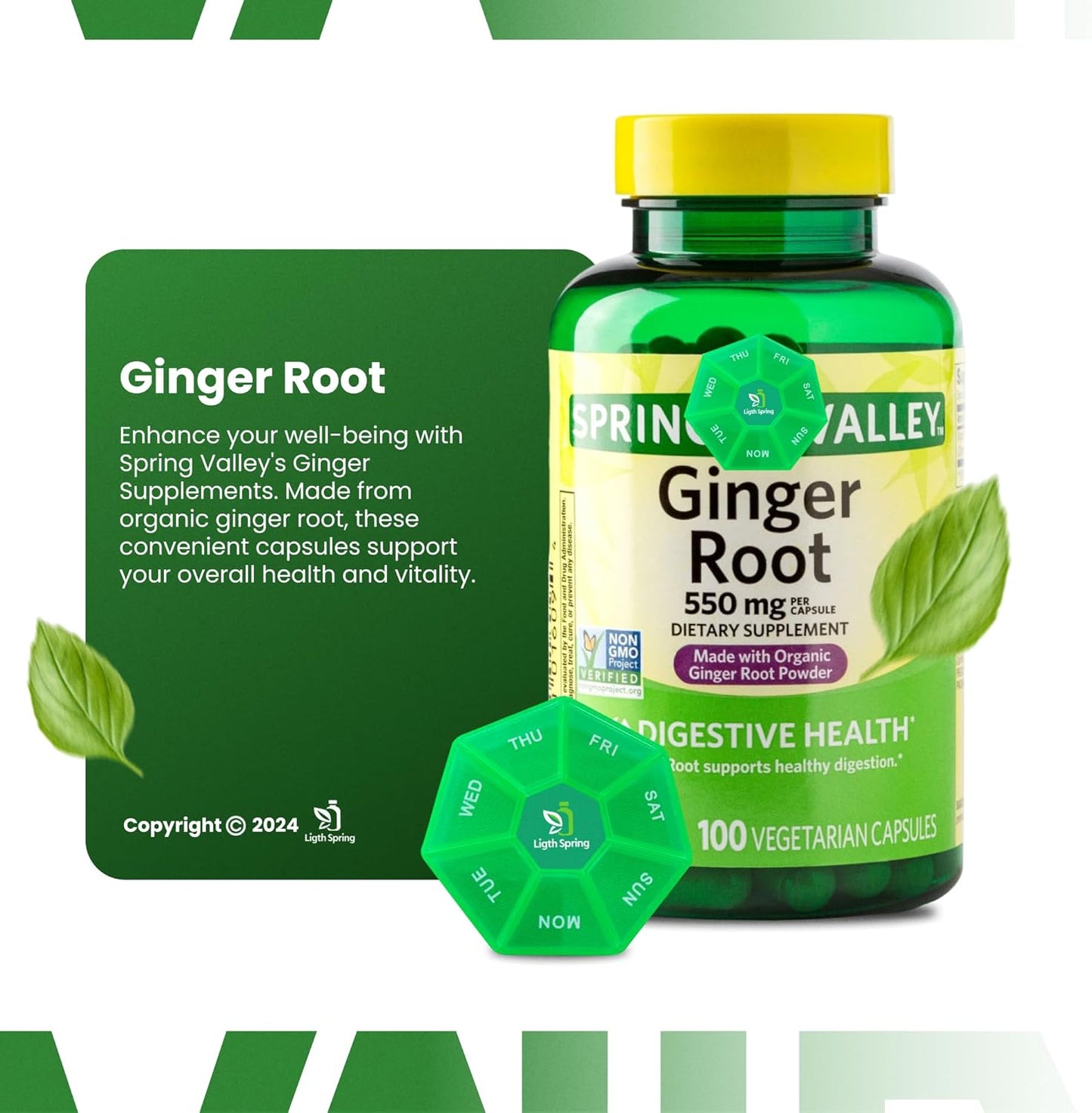 100 Vegetarian Capsules of LightSpring Ginger Root 550mg with Exclusive Bundle of Vitamins & Minerals for Better Health