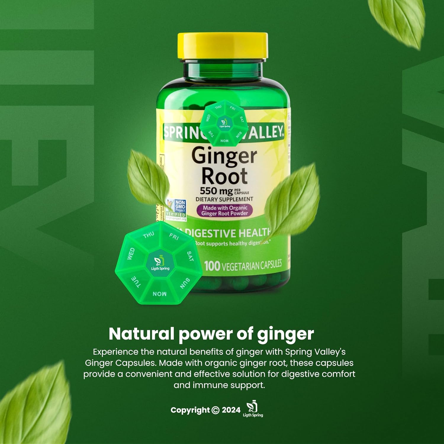 100 Vegetarian Capsules of LightSpring Ginger Root 550mg with Exclusive Bundle of Vitamins & Minerals for Better Health