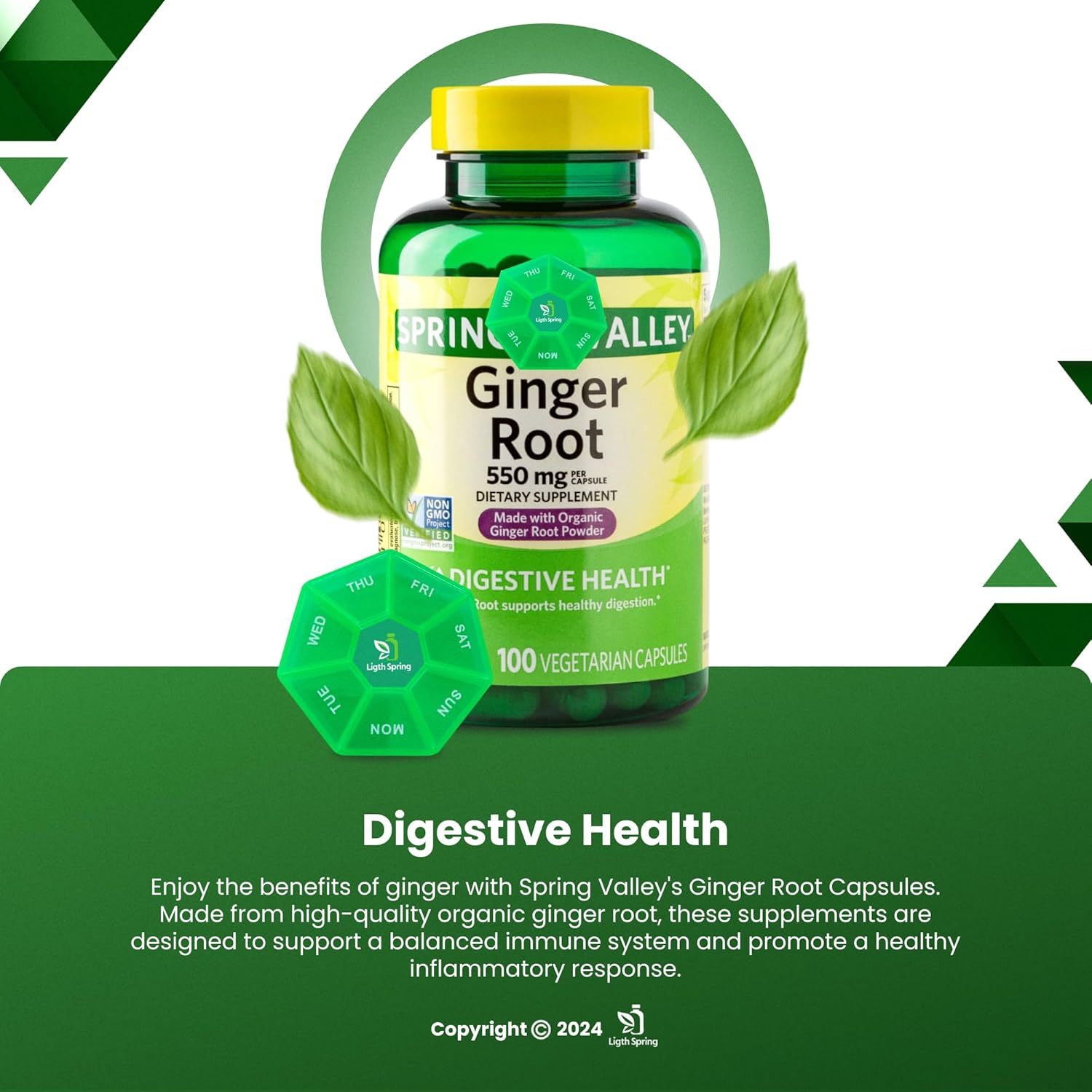 100 Vegetarian Capsules of LightSpring Ginger Root 550mg with Exclusive Bundle of Vitamins & Minerals for Better Health