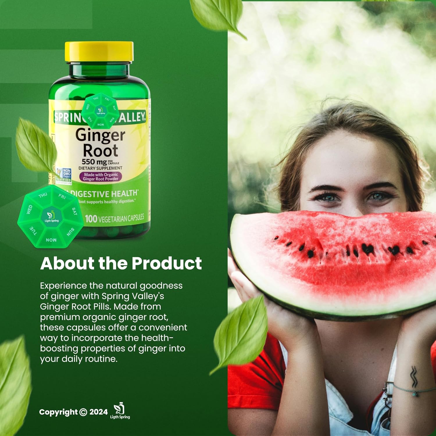 100 Vegetarian Capsules of LightSpring Ginger Root 550mg with Exclusive Bundle of Vitamins & Minerals for Better Health