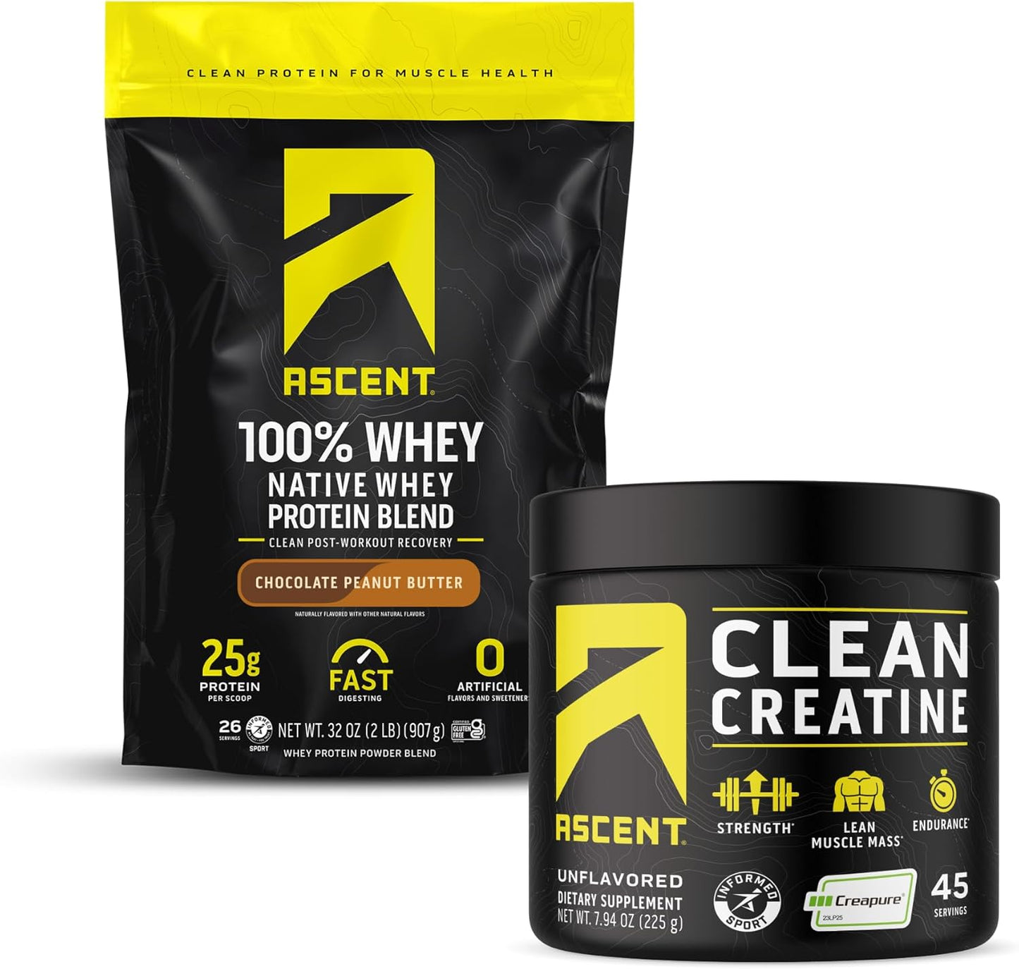 100% Whey Protein Powder in Chocolate Peanut Butter Flavor & Creatine Monohydrate Powder with 45 Servings - 2 lb & Unflavored