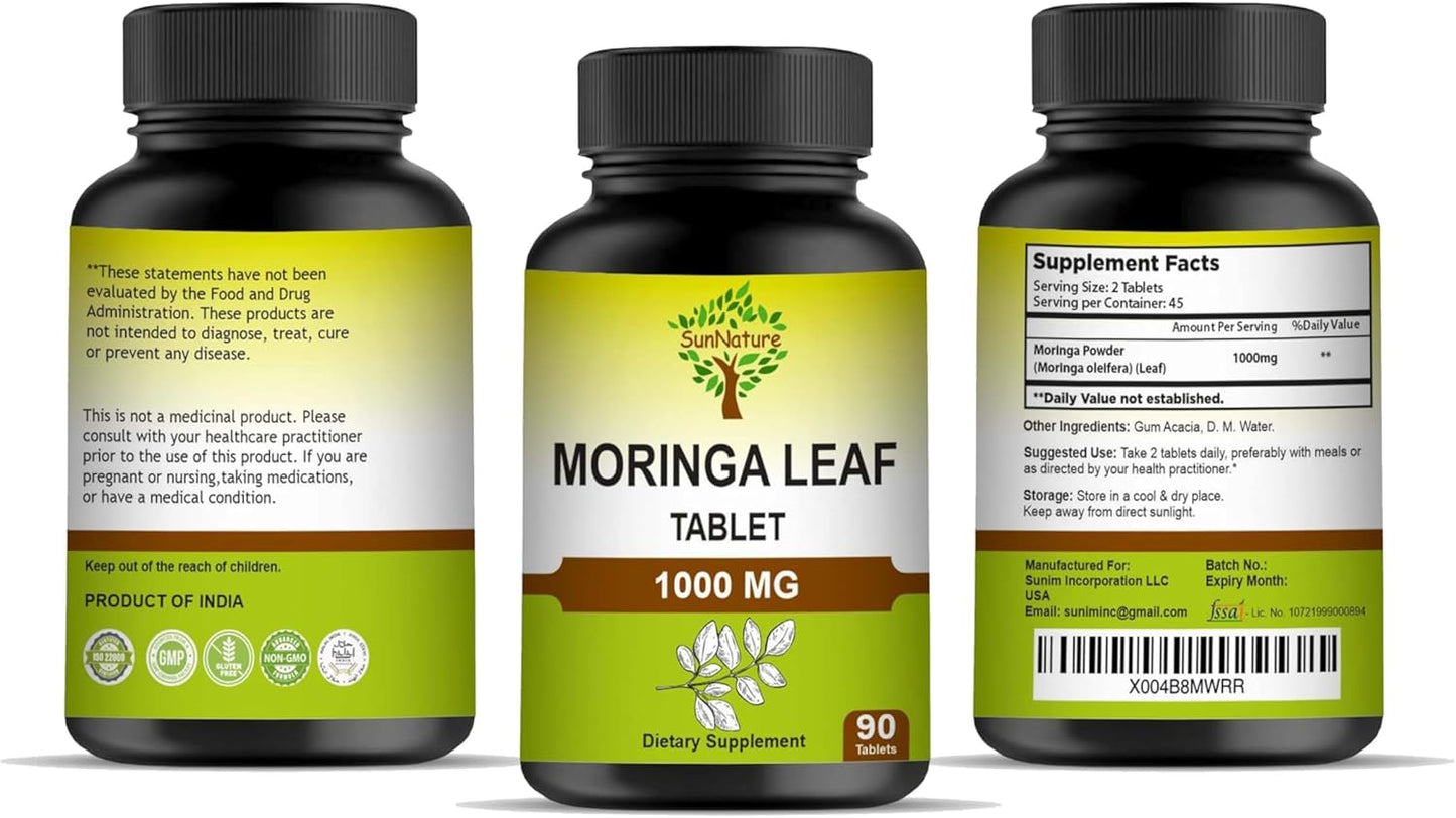 1000 mg Moringa Leaf Tablets for Energy, Immunity & Joint Health | Pure Oleifera Leaf Supplement for Men & Women | Non-GMO, Gluten Free | 90 Tablets, 45 Days Supply