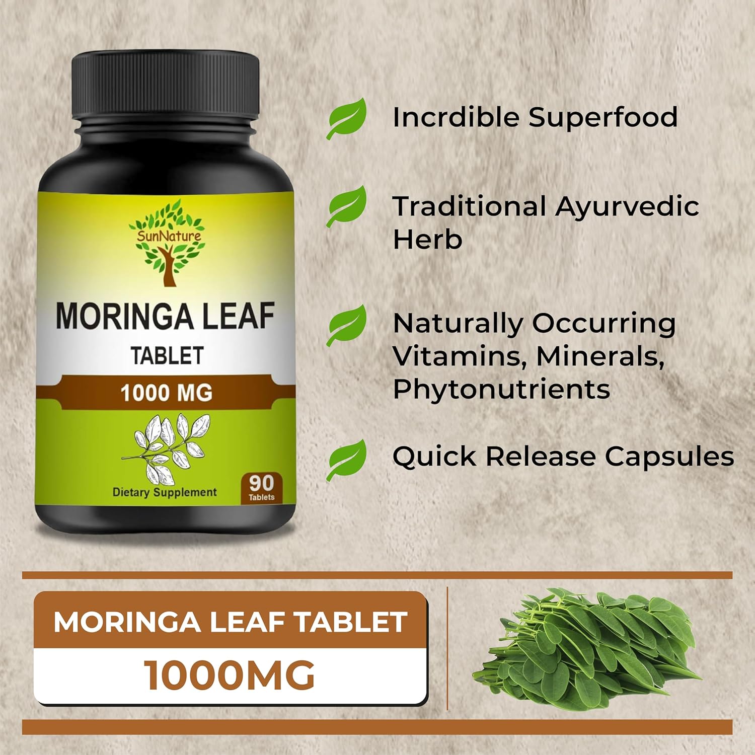 1000 mg Moringa Leaf Tablets for Energy, Immunity & Joint Health | Pure Oleifera Leaf Supplement for Men & Women | Non-GMO, Gluten Free | 90 Tablets, 45 Days Supply