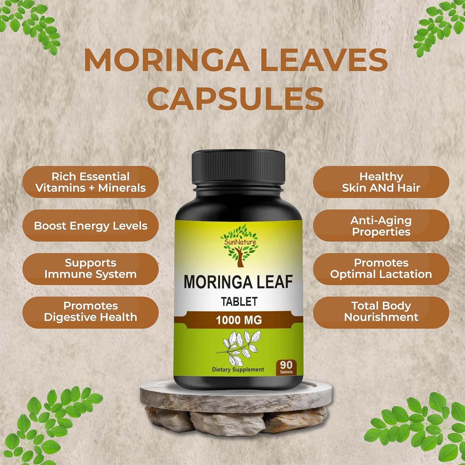 1000 mg Moringa Leaf Tablets for Energy, Immunity & Joint Health | Pure Oleifera Leaf Supplement for Men & Women | Non-GMO, Gluten Free | 90 Tablets, 45 Days Supply