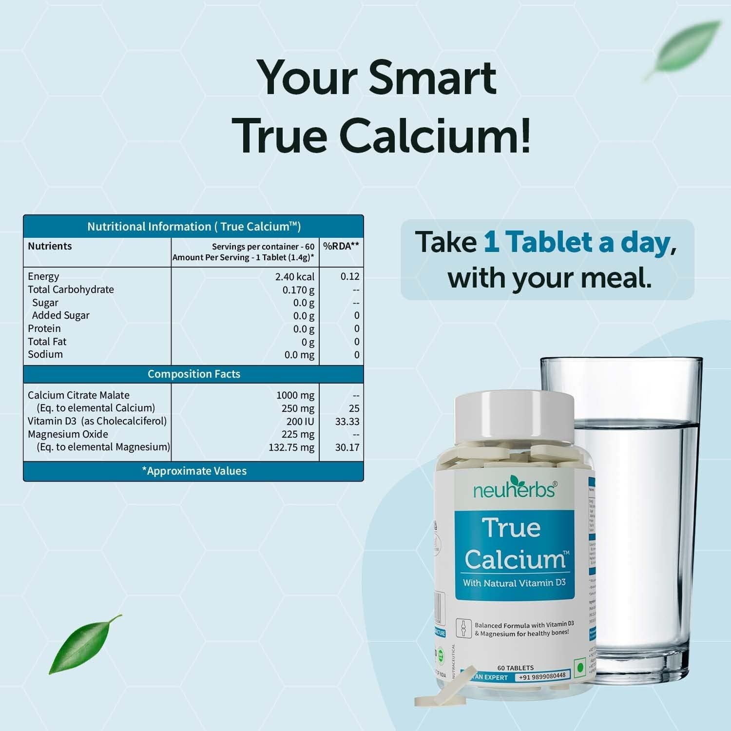 1000mg Calcium Supplement with Plant-Based Vitamin D3 & Magnesium for Healthy Joints - 60 Vegan Tablets for Men & Women