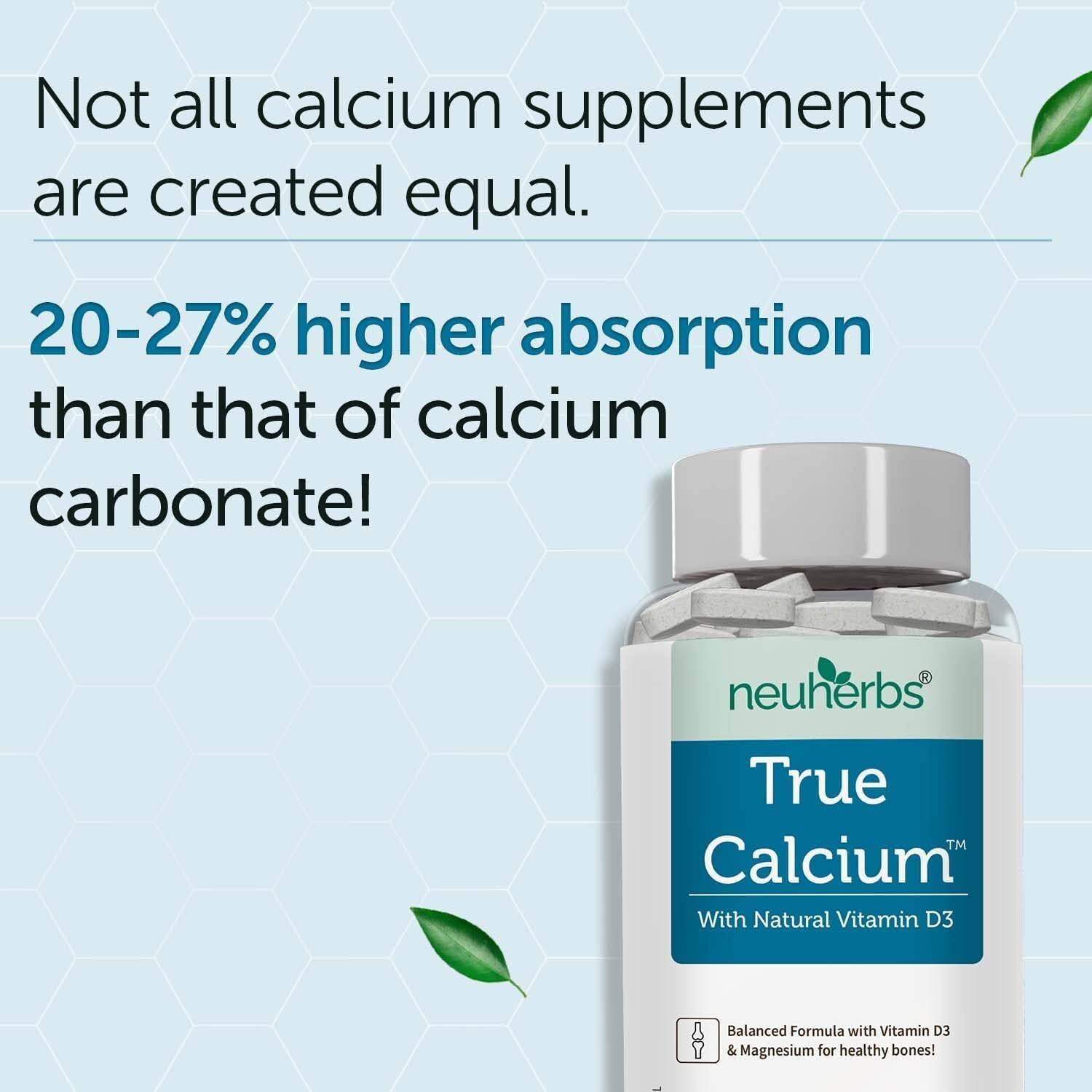 1000mg Calcium Supplement with Plant-Based Vitamin D3 & Magnesium - 60 Vegan Tablets for Bone Health