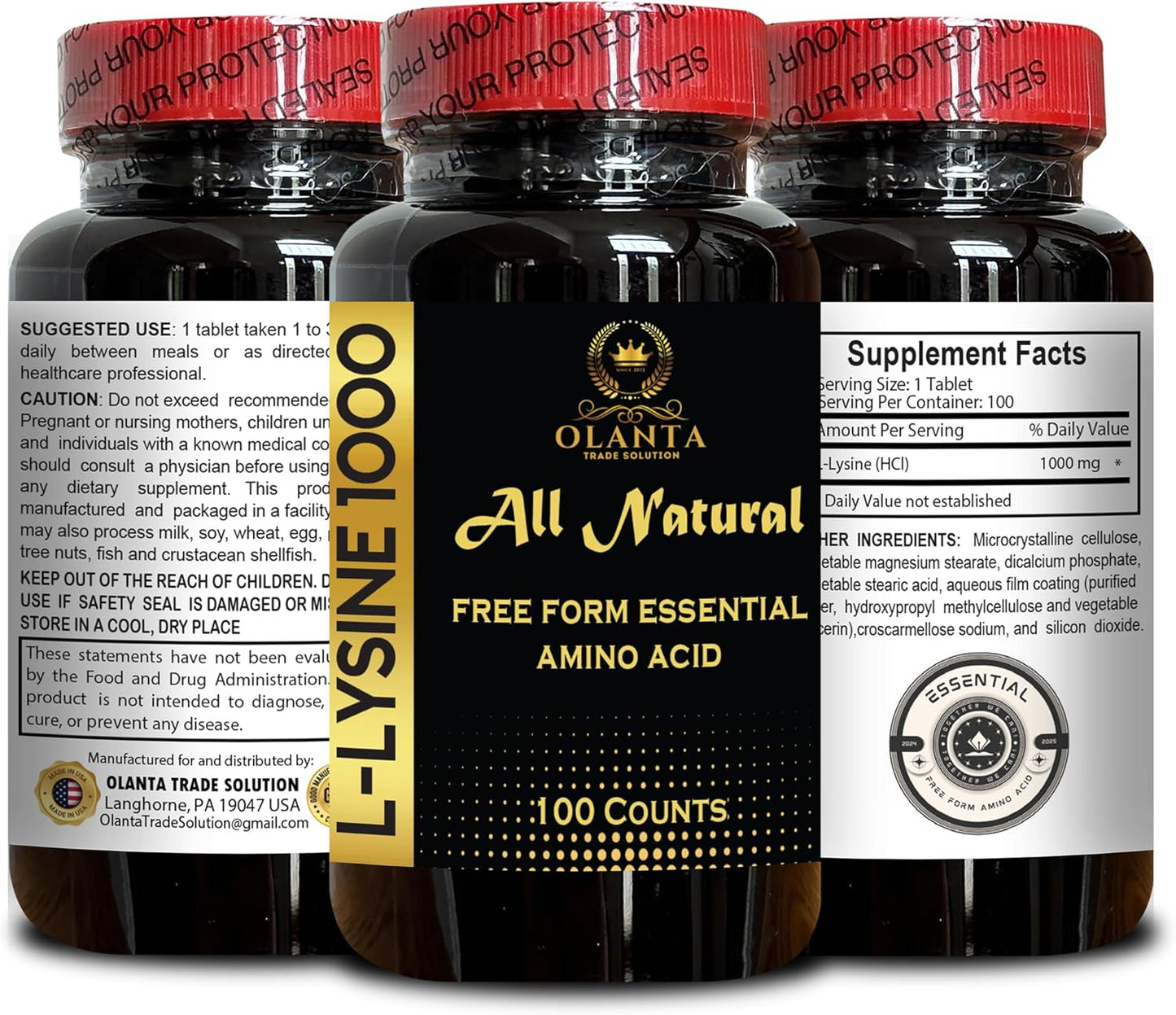 1000mg Free Form L-Lysine Amino Acid Supplement for Energy, Skin & Vegan Support - Gluten Free, Alkaline Balance - 1 Bottle 100 Counts