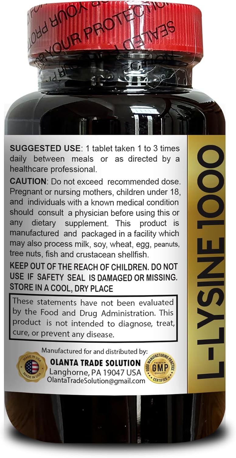 1000mg Free Form L-Lysine Amino Acid Supplement for Energy, Skin & Vegan Support - Gluten Free, Alkaline Balance - 1 Bottle 100 Counts
