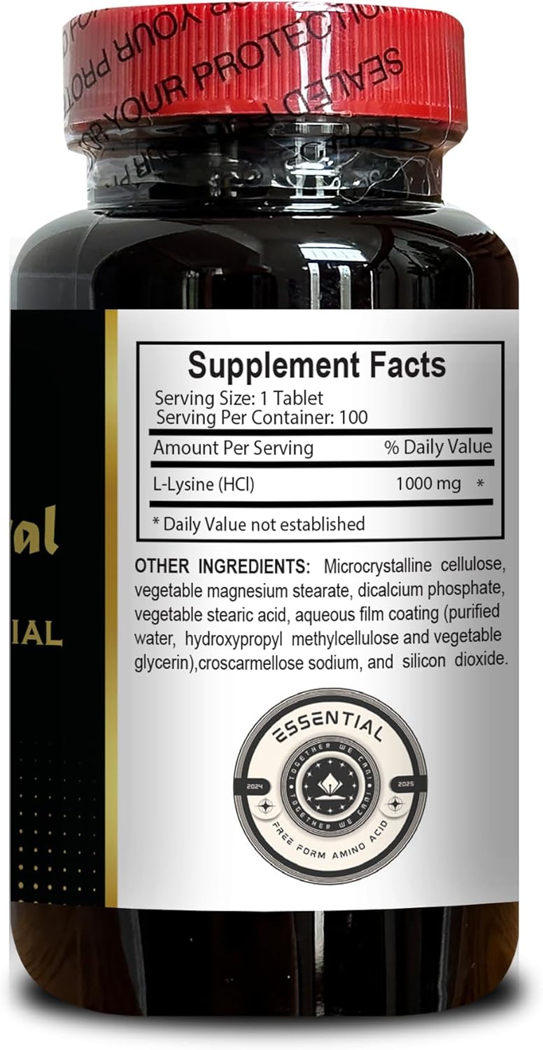 1000mg Free Form L-Lysine Amino Acid Supplement for Energy, Skin & Vegan Support - Gluten Free, Alkaline Balance - 1 Bottle 100 Counts