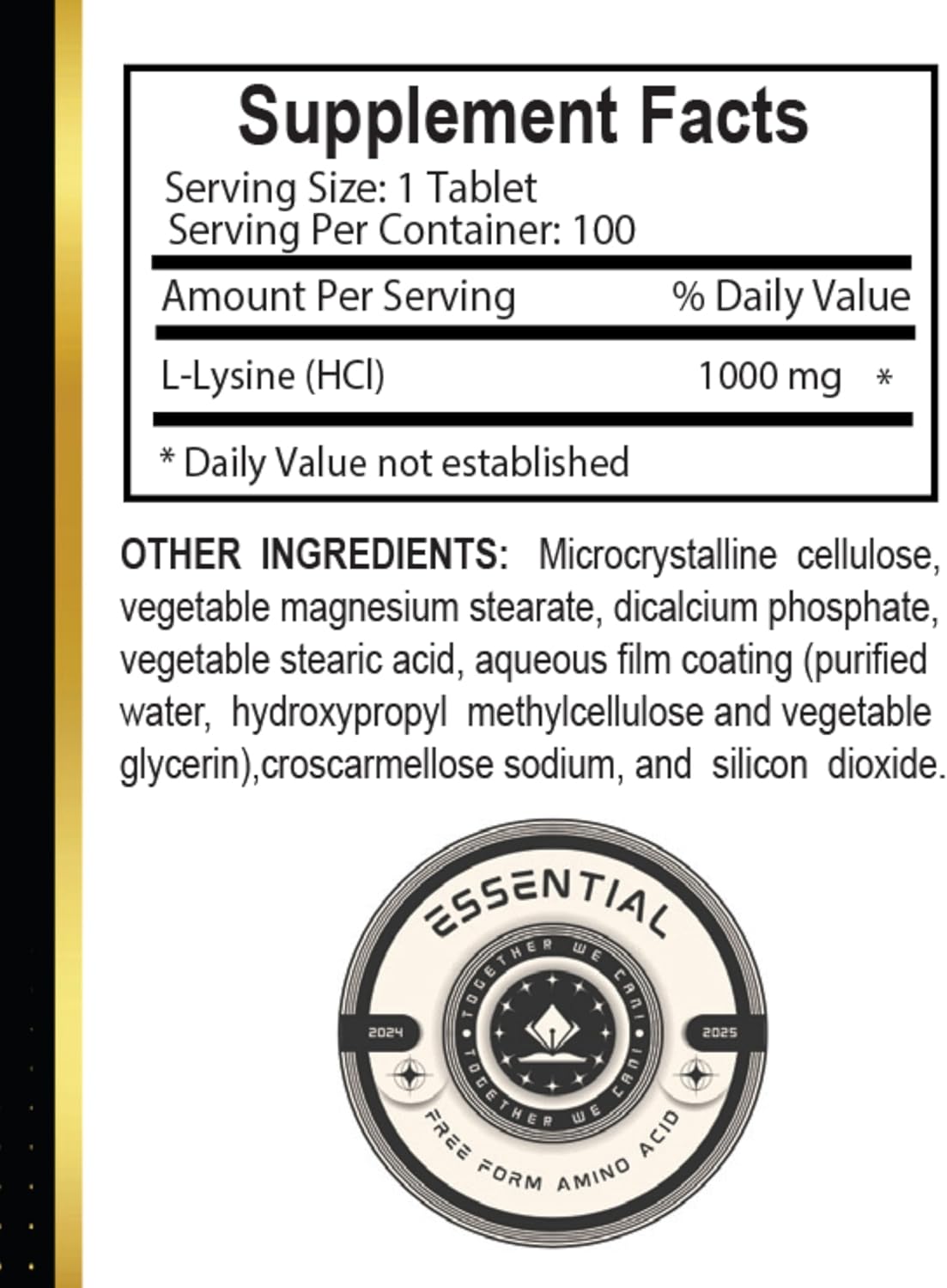 1000mg Free Form L-Lysine Amino Acid Supplement for Energy, Skin & Vegan Support - Gluten Free, Alkaline Balance - 1 Bottle 100 Counts