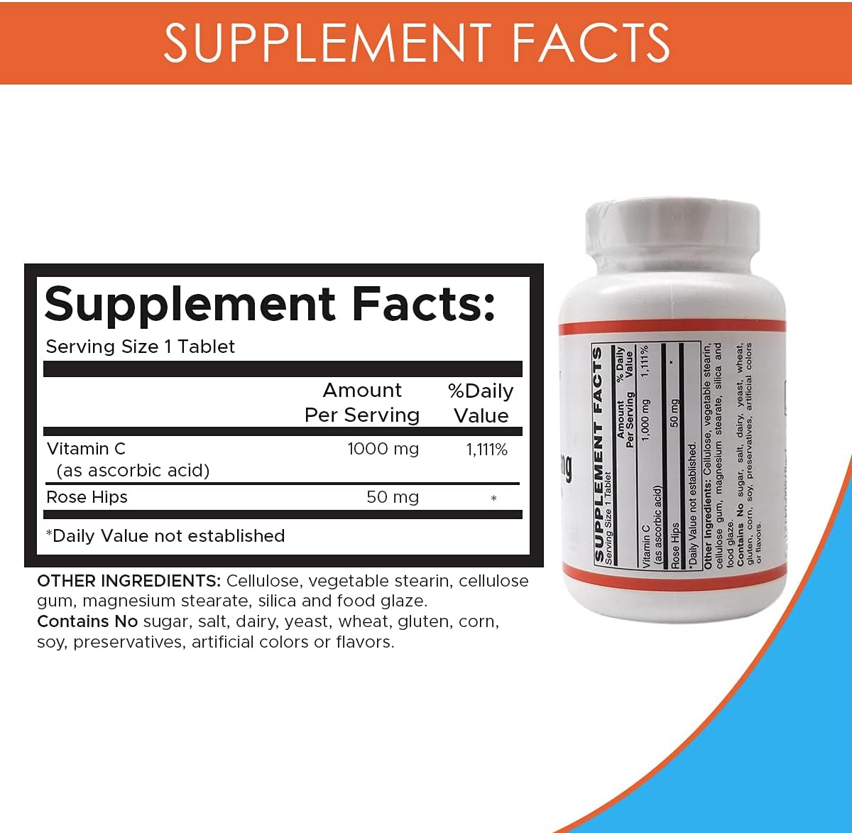 1000mg Holistic Health Vitamin C Tablets with Rose HIPS for Immunity Boost & Blood Pressure Support - 100 Tablets
