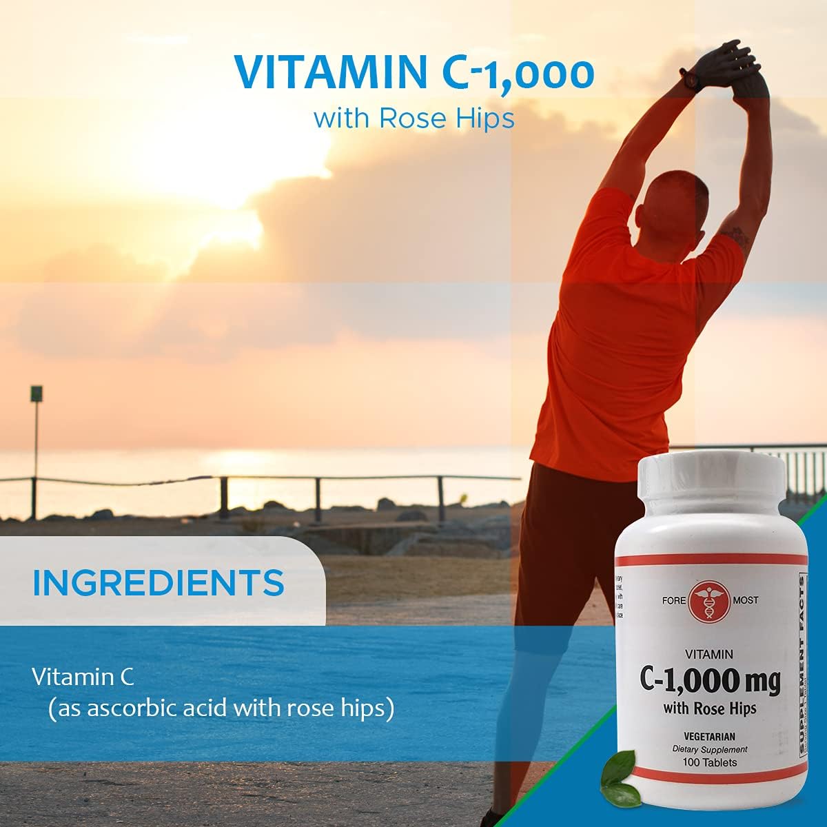 1000mg Holistic Health Vitamin C Tablets with Rose HIPS for Immunity Boost & Blood Pressure Support - 100 Tablets