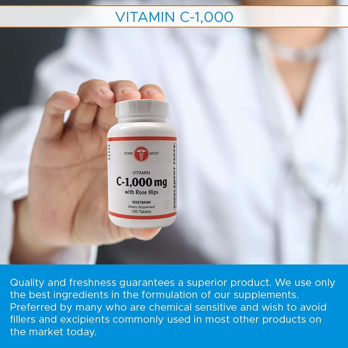 1000mg Holistic Health Vitamin C Tablets with Rose HIPS for Immunity Boost & Blood Pressure Support - 100 Tablets
