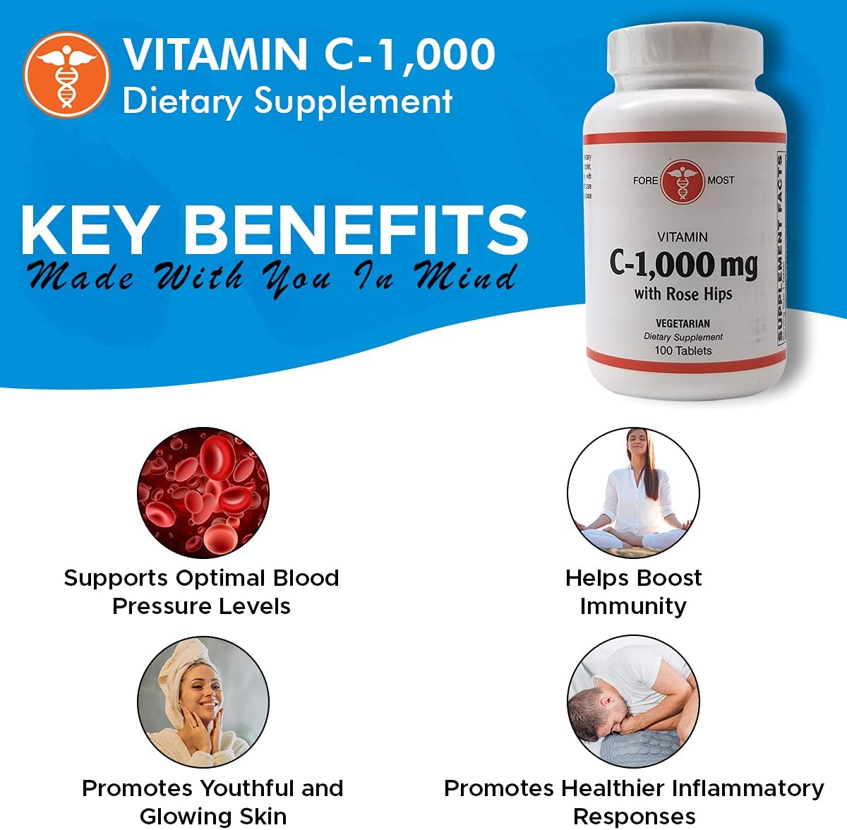 1000mg Holistic Health Vitamin C Tablets with Rose HIPS for Immunity Boost & Blood Pressure Support - 100 Tablets