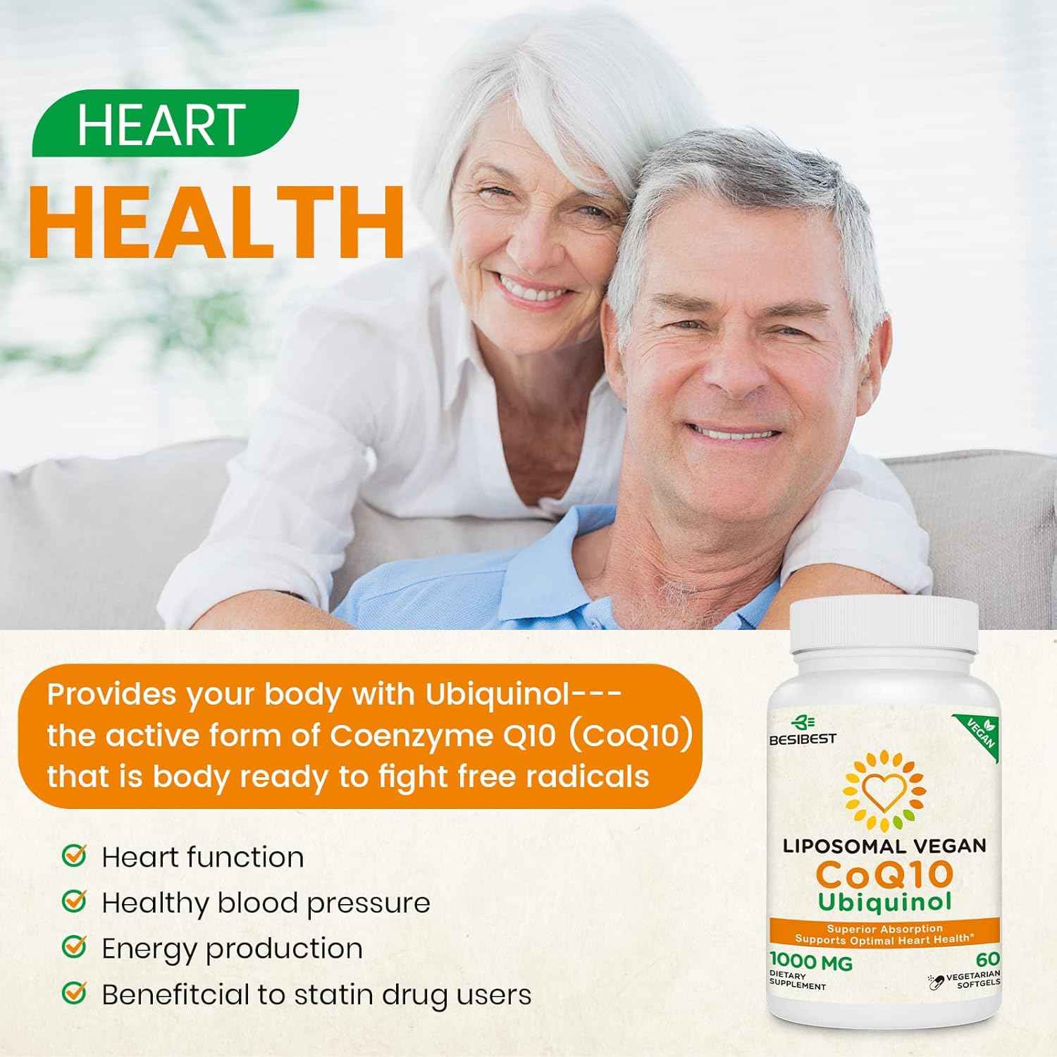 1000mg Liposomal CoQ10 Ubiquinol, 60 Vegan Softgels, High Absorption Ubiquinol CoQ10 Supplement, Active Antioxidant Form of Coenzyme Q10 for Heart Health & Energy Production