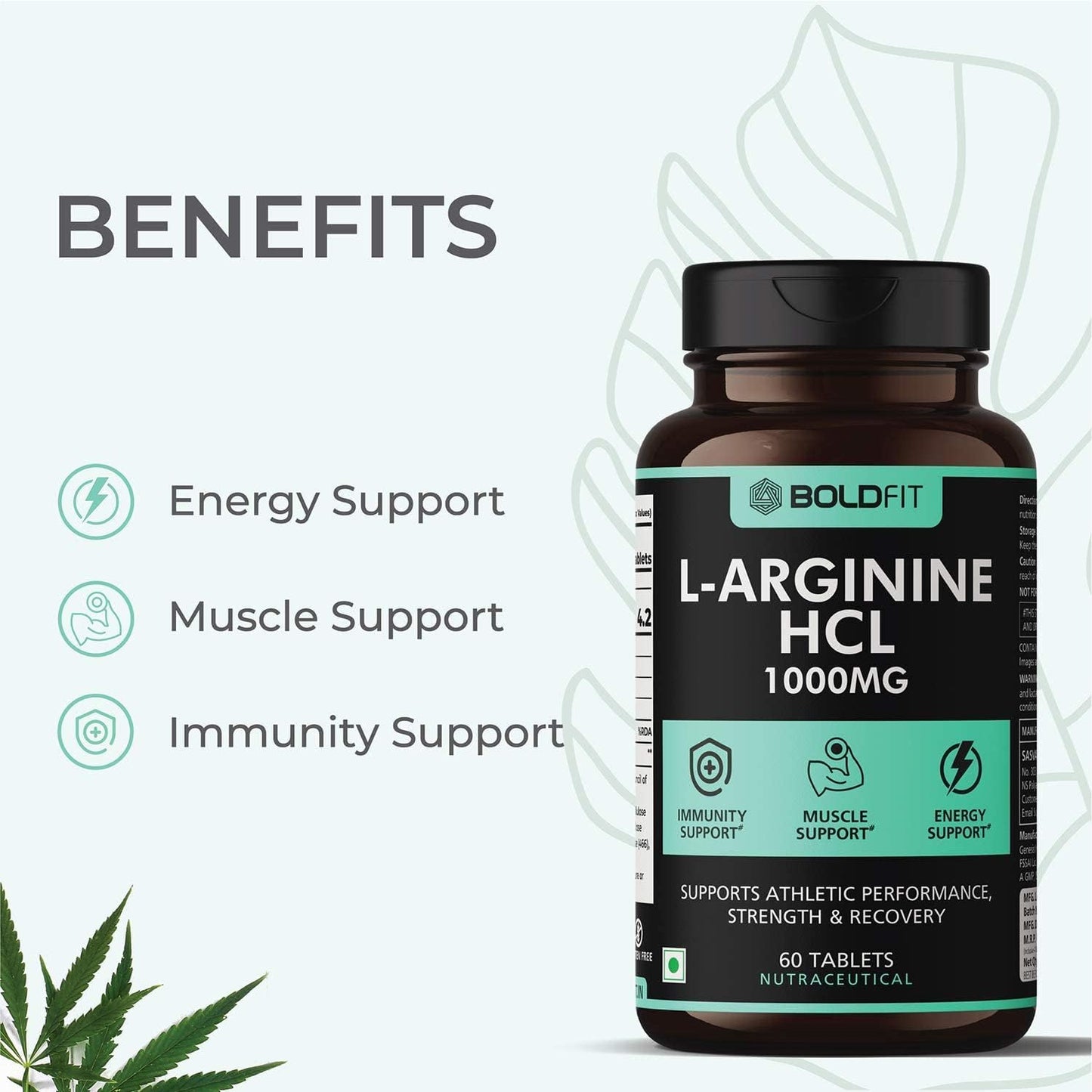 1000mg Nitric Oxide Arginine Supplement for Muscle Growth & Stamina - 60 Tablets for Men & Women, Immune Booster & Energy