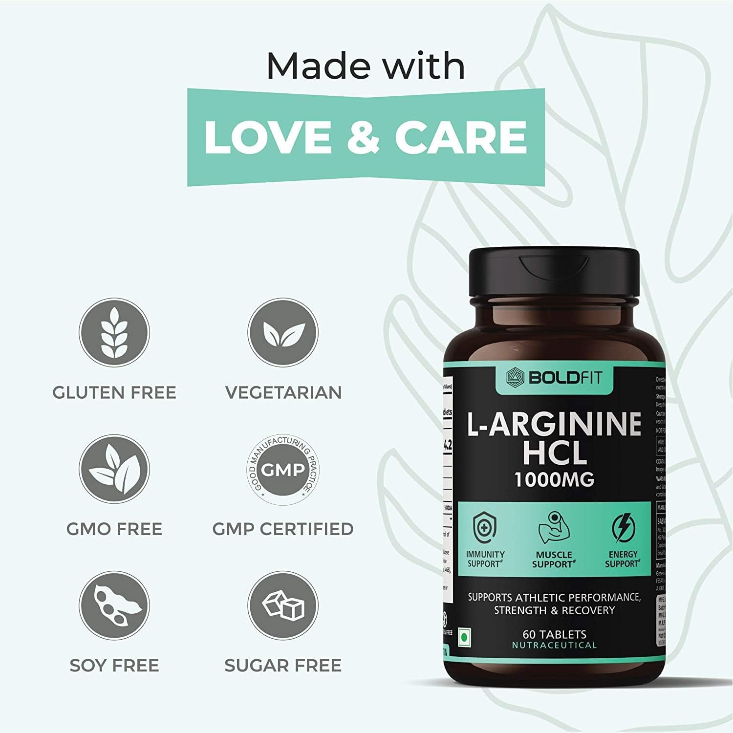 1000mg Nitric Oxide Arginine Supplement for Muscle Growth & Stamina - 60 Tablets for Men & Women, Immune Booster & Energy