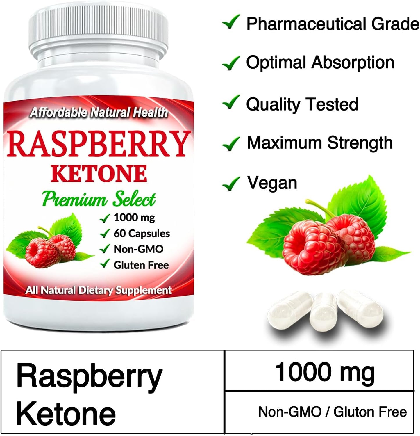 1000mg Raspberry Ketone Capsules for Active Lifestyle Support, 60 Capsules, 2 Month Supply - Non-GMO & Vegan Formula