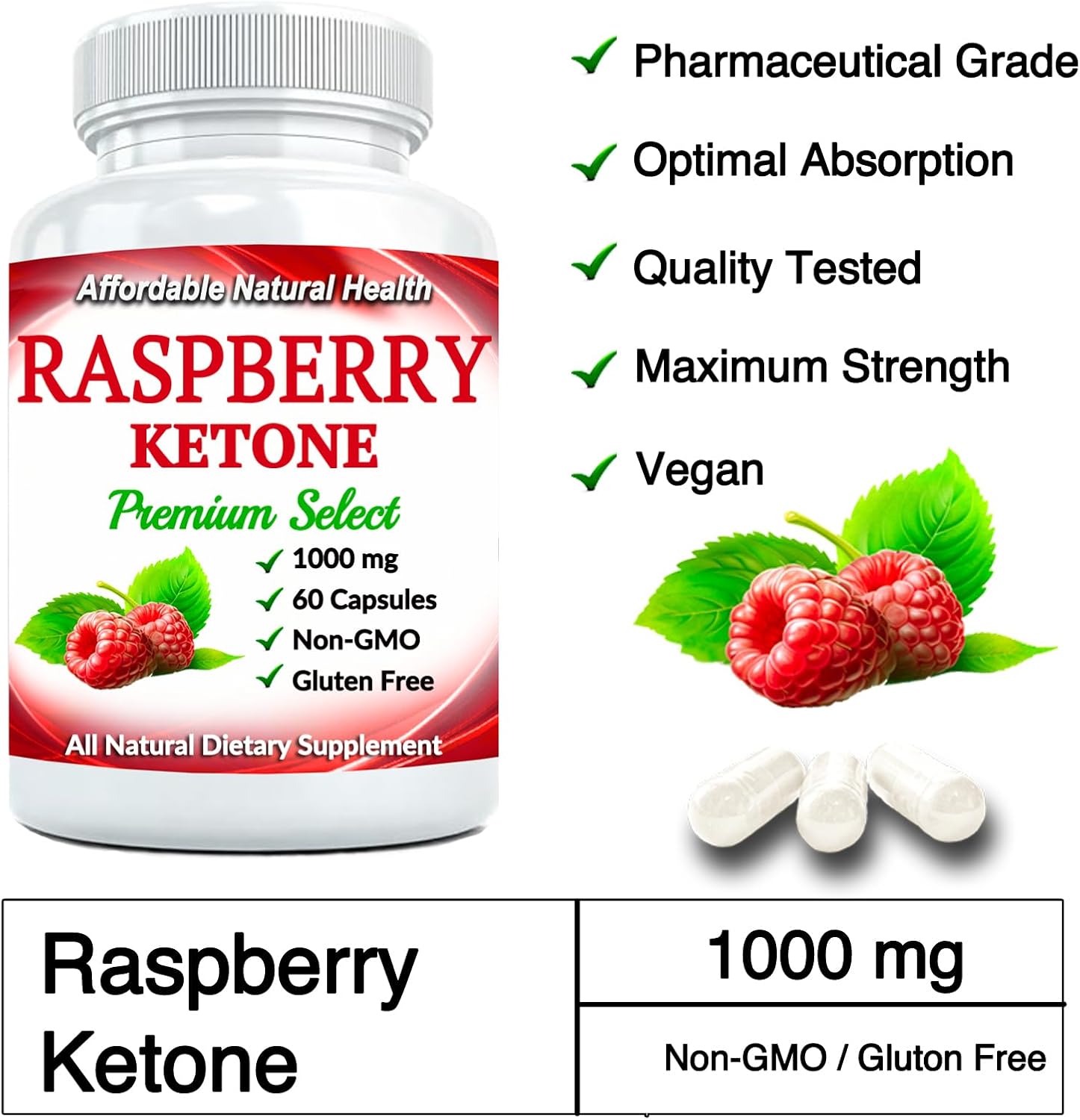 1000mg Raspberry Ketone Capsules for Active Lifestyle Support, 60 Capsules, 2 Month Supply - Non-GMO & Vegan Formula