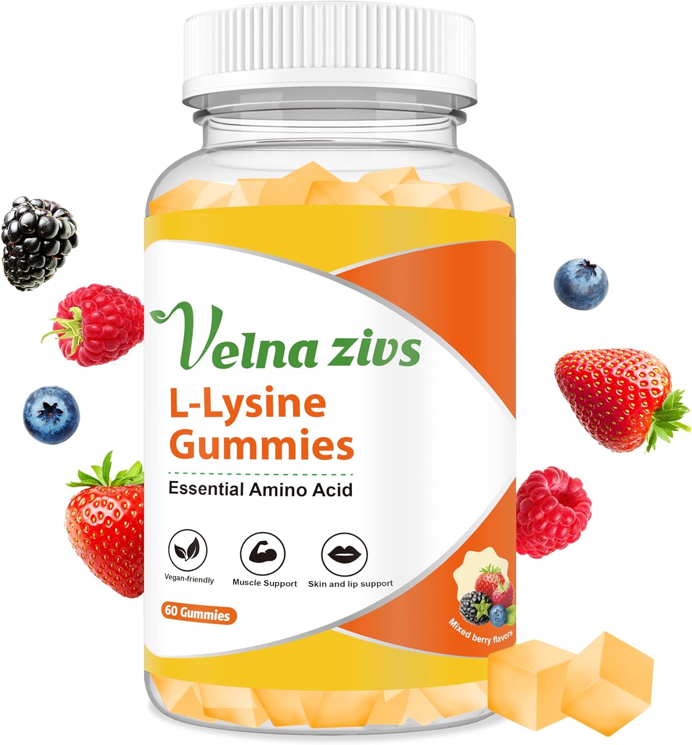 1000mg Velna Fish L-Lysine Gummies for Lips & Skin Health, Cold Sore Support, Immune Boost - 60 Count Vegan Chewable Supplement