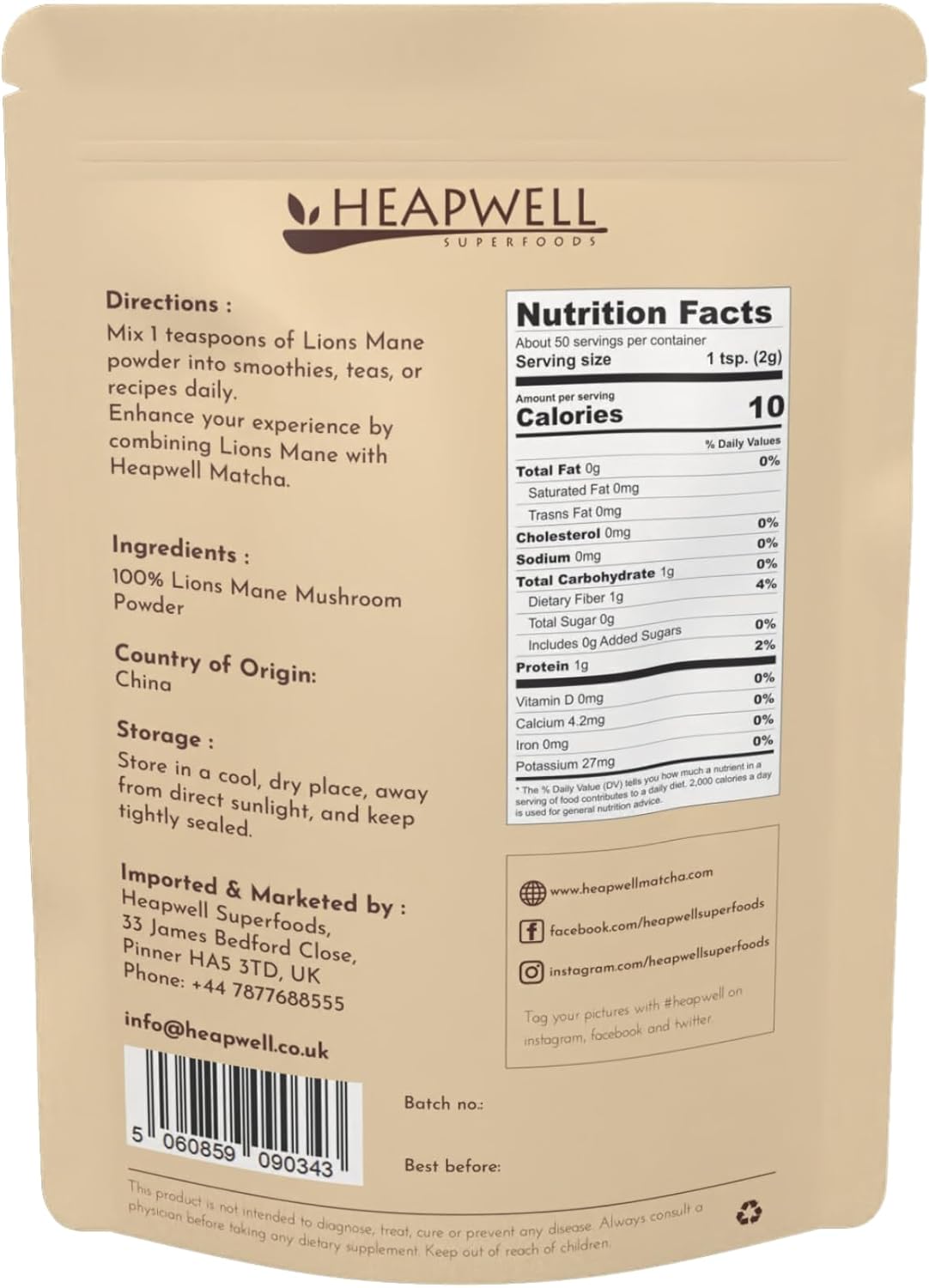 100g Heapwell Superfoods Lions Mane Powder - Premium Lion's Mane Mushroom Supplement for Cognitive Support, Immune Boost, and Mental Clarity