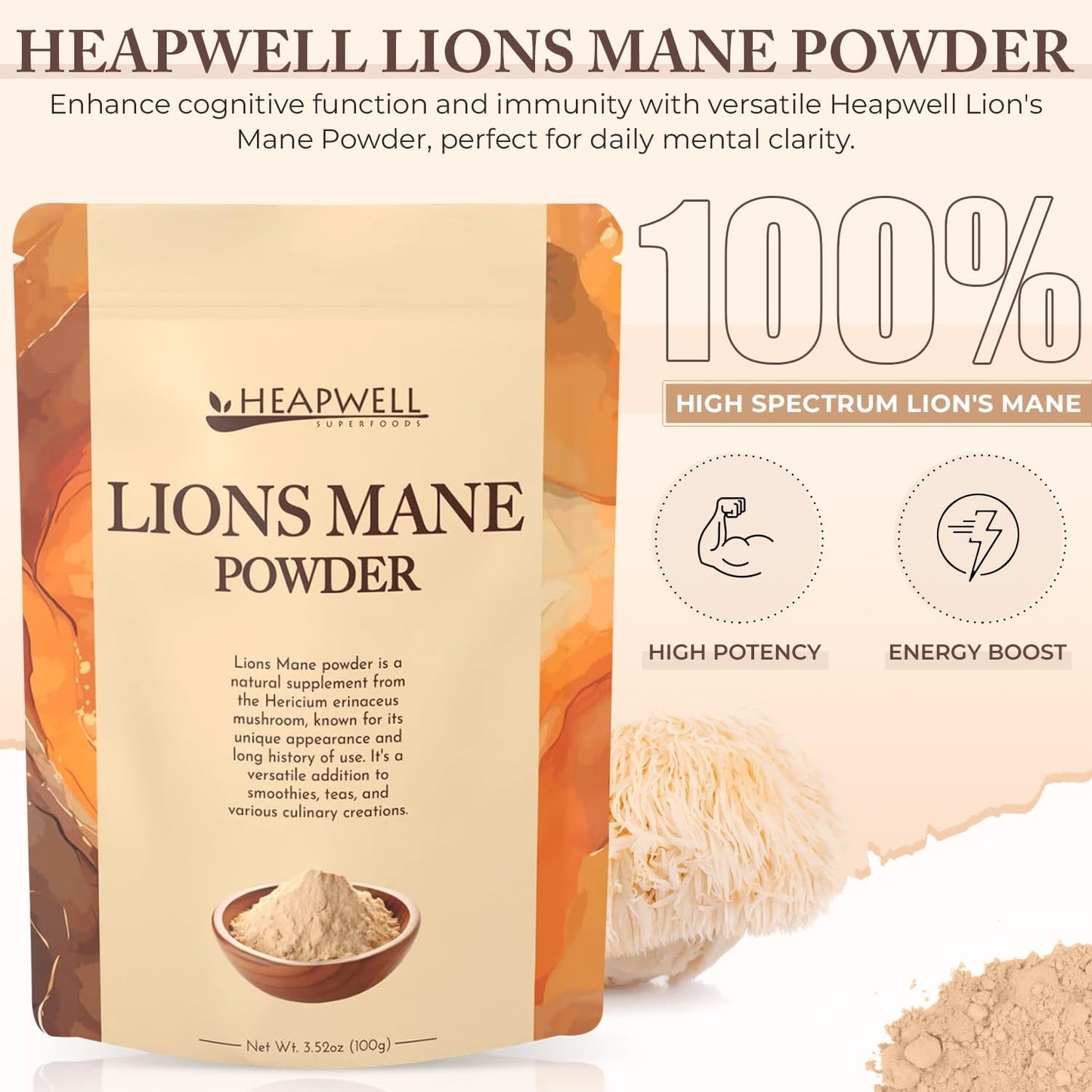 100g Heapwell Superfoods Lions Mane Powder - Premium Lion's Mane Mushroom Supplement for Cognitive Support, Immune Boost, and Mental Clarity