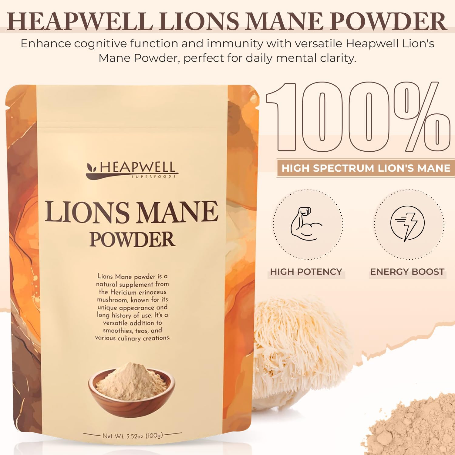 100g Heapwell Superfoods Lions Mane Powder - Premium Lion's Mane Mushroom Supplement for Cognitive Support, Immune Boost, and Mental Clarity