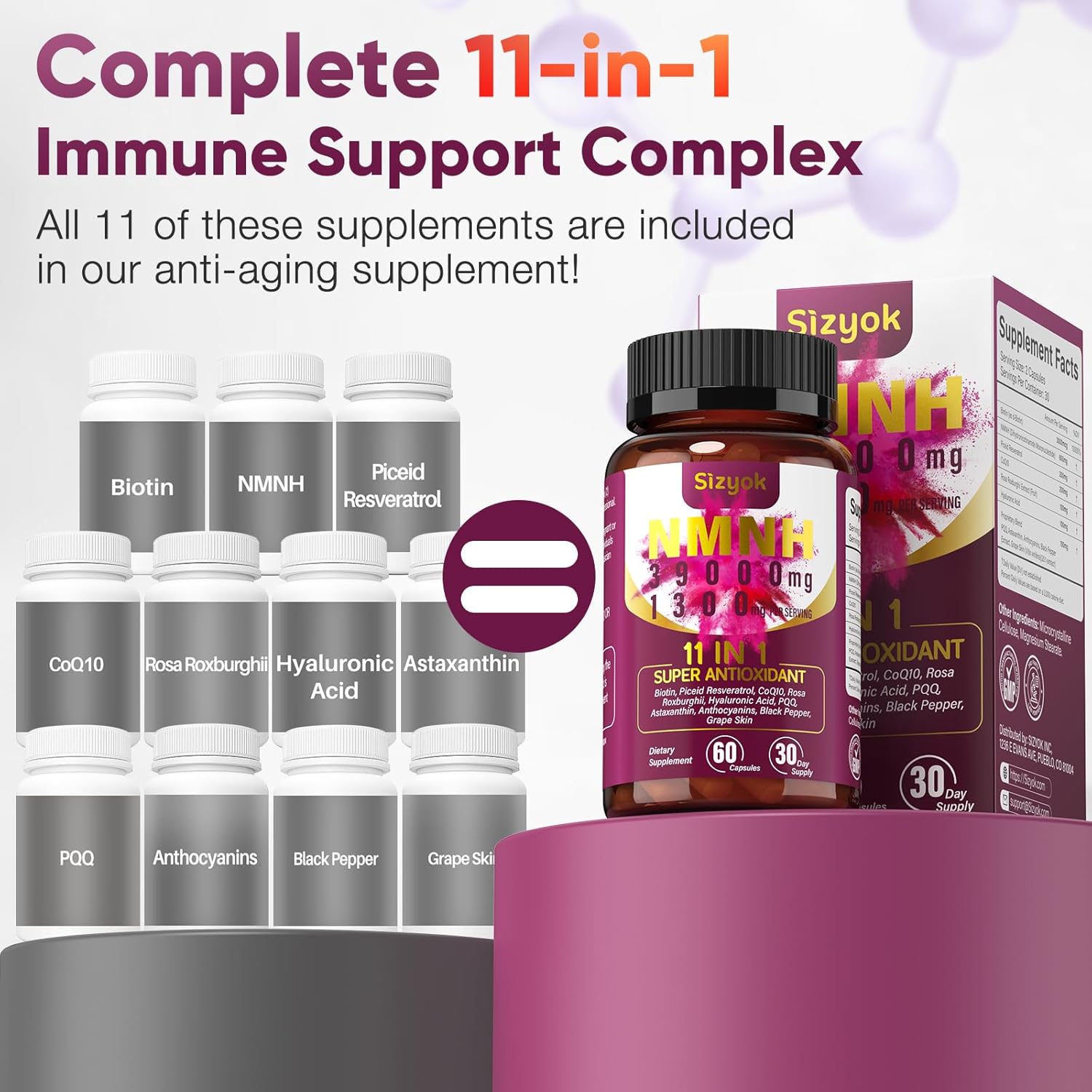 11-in-1 NMNH NAD+ Supplement with Resveratrol & CoQ10, 600mg - Anti-Aging Support - 60 Count - Sizyok