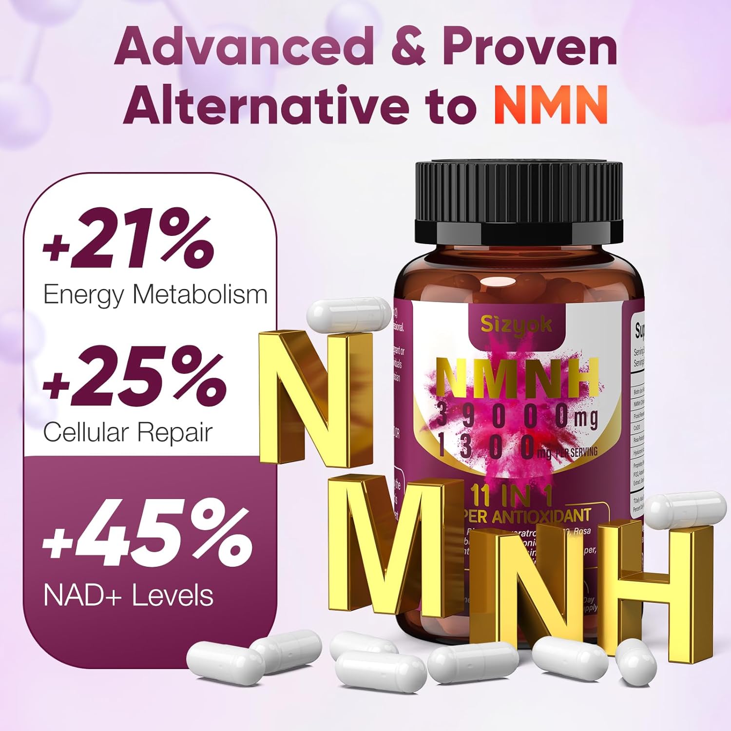 11-in-1 NMNH NAD+ Supplement with Resveratrol & CoQ10, 600mg - Anti-Aging Support - 60 Count - Sizyok