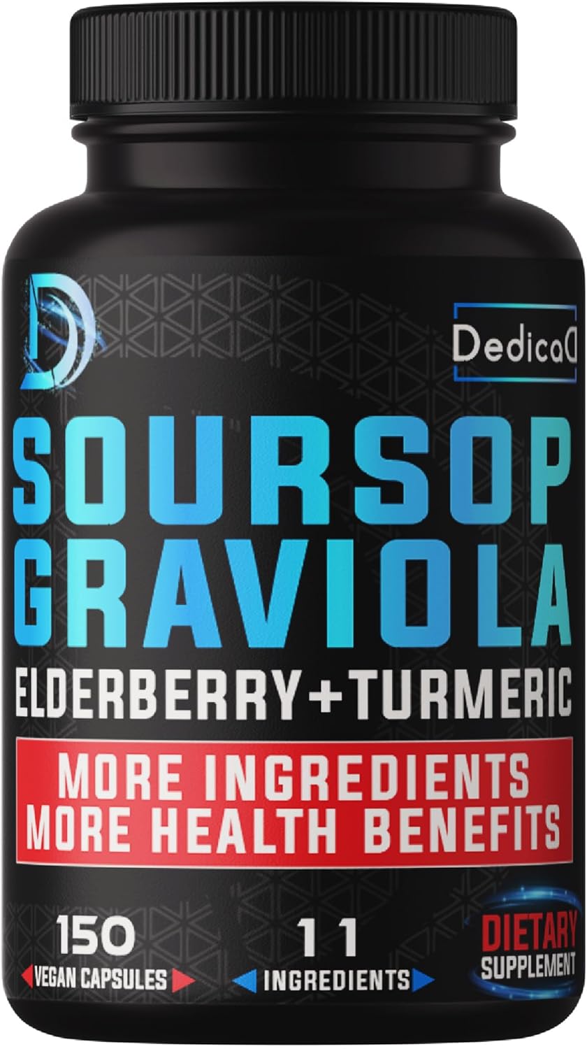 11in1 Graviola Soursop Capsules with Elderberry, Turmeric, Ginger, Milk Thistle, Cranberry - 5 Month Supply for Mood, Immune & Body Health - 150 Vegan Capsules
