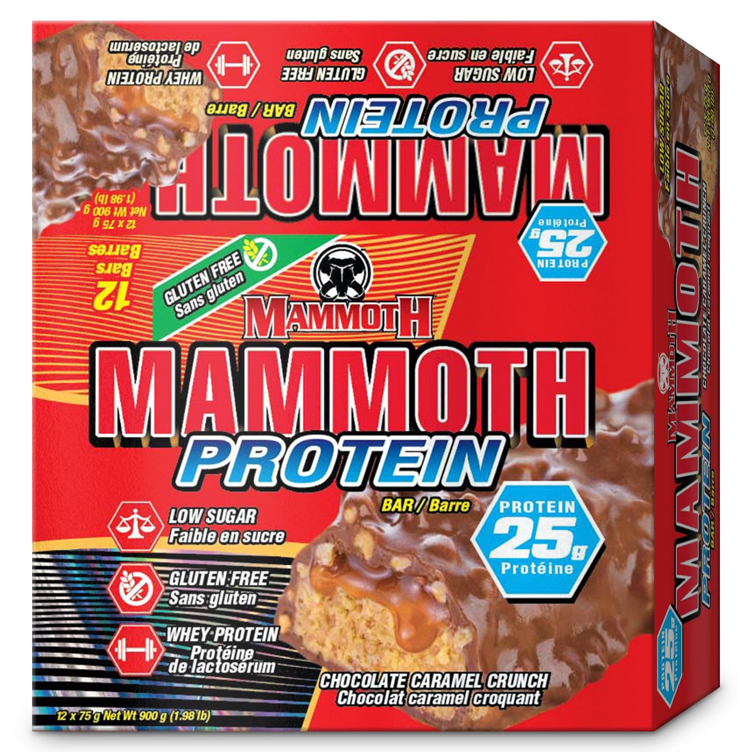 12 Count MAMMOTH Protein Bar, Chocolate Peanut Butter Crunch - 25g Protein, Low Sugar, Low Carb, Gluten Free - 12 x 65g