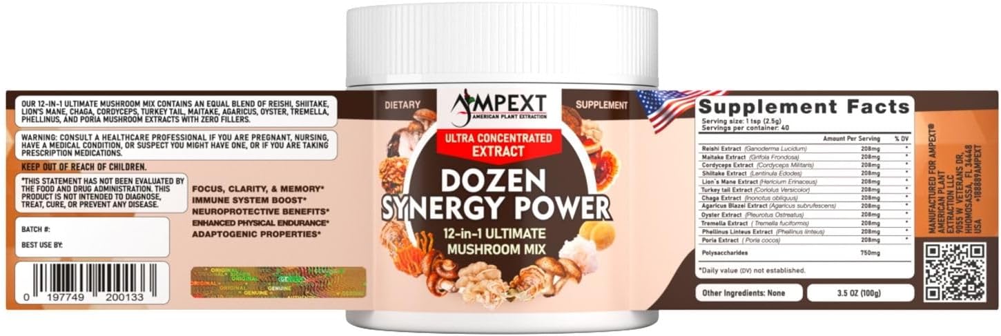12-in-1 Synergy Power Mushroom Extracts for Immunity, Cognitive, & Heart Health - Premium Fruiting Body Complex