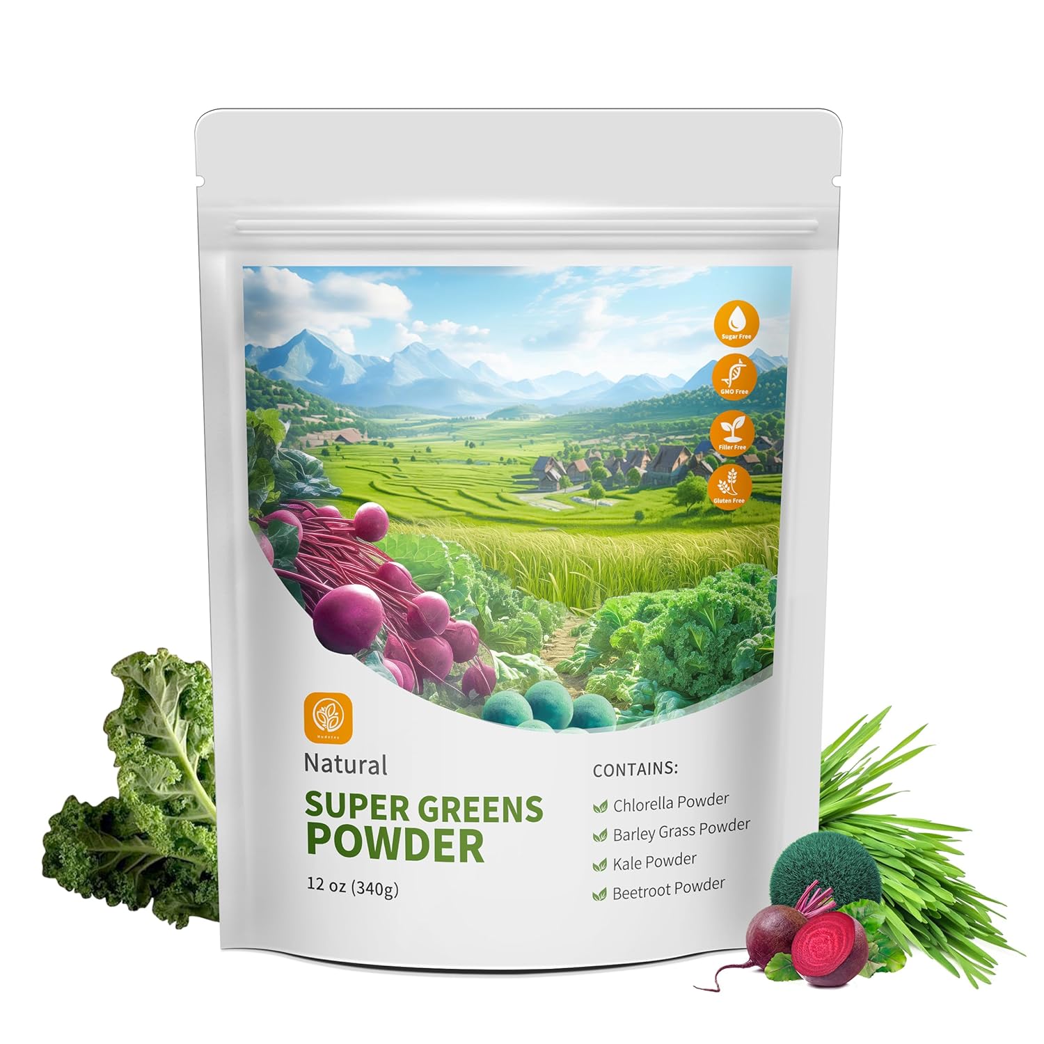 12 oz Hudetex Greens Powder Superfood Blend for Immune Support - Chlorella, Barley Grass, Kale, Beetroot Smoothie Mix Booster with Chlorophyll