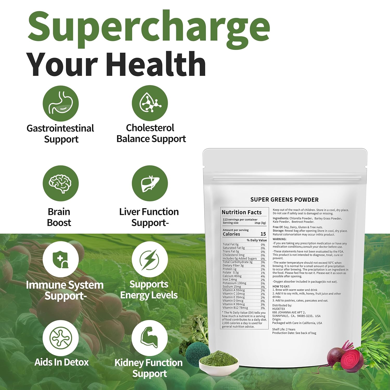 12 oz Hudetex Greens Powder Superfood Blend for Immune Support - Chlorella, Barley Grass, Kale, Beetroot Smoothie Mix Booster with Chlorophyll