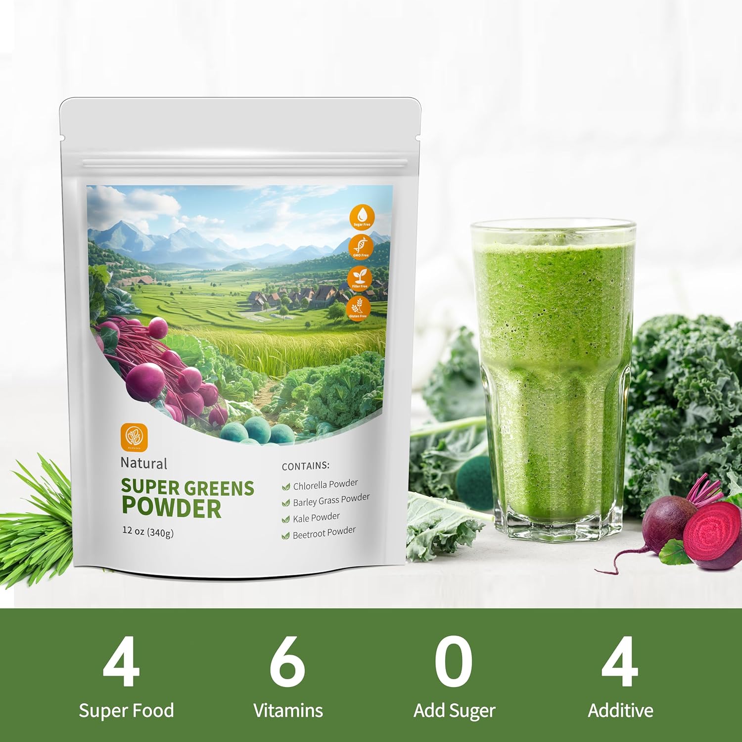 12 oz Hudetex Greens Powder Superfood Blend for Immune Support - Chlorella, Barley Grass, Kale, Beetroot Smoothie Mix Booster with Chlorophyll