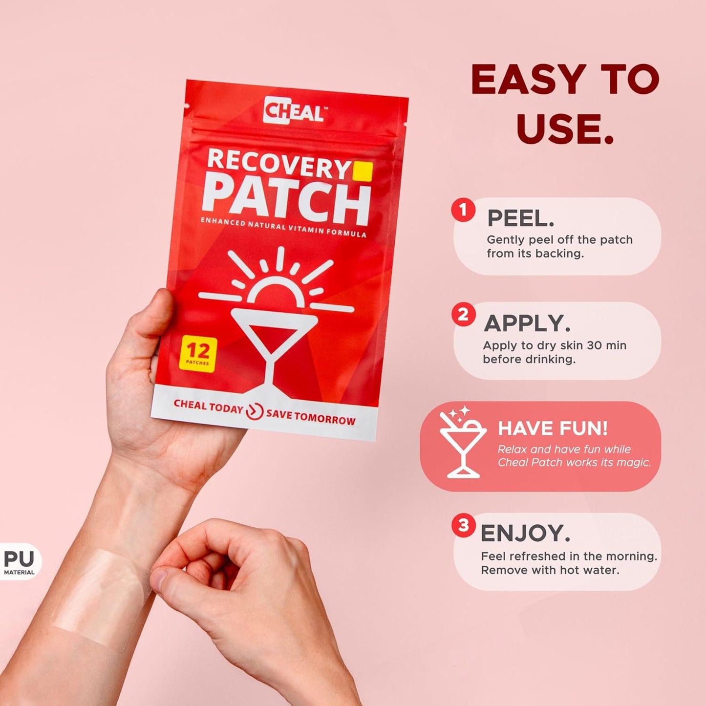 12 Pack of CHEAL Party Recovery Patches with B Complex Formula - Natural Hangover Relief for Better Mornings - Waterproof and Transparent - Essential for Pre-Drinking Recovery