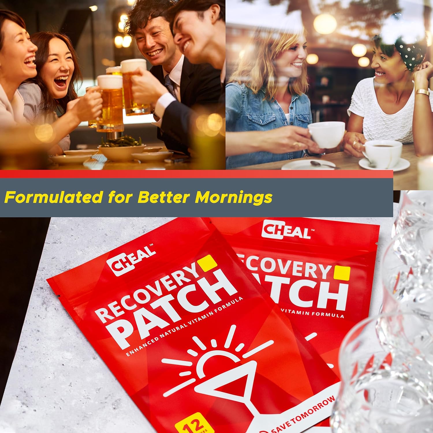 12 Pack of CHEAL Party Recovery Patches with B Complex Formula - Natural Hangover Relief for Better Mornings - Waterproof and Transparent - Essential for Pre-Drinking Recovery