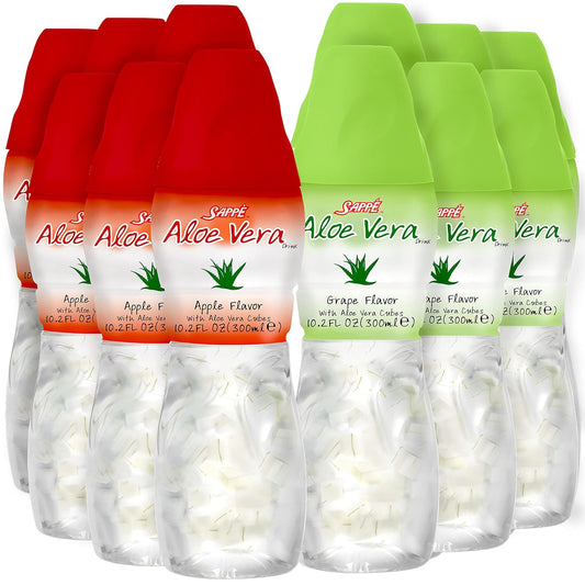 12-Pack Sappe Aloe Vera Juice (Grape & Apple) with Large Aloe Chunks - Plant-Based Hydration Drink for Health
