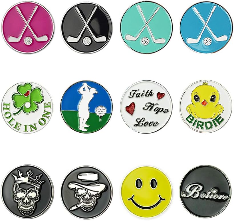 12-Piece GOLTERS Golf Ball Markers Assorted Patterns Value Pack with Cap Clips and Divot Repair Tools for Men and Women - Golf Gifts