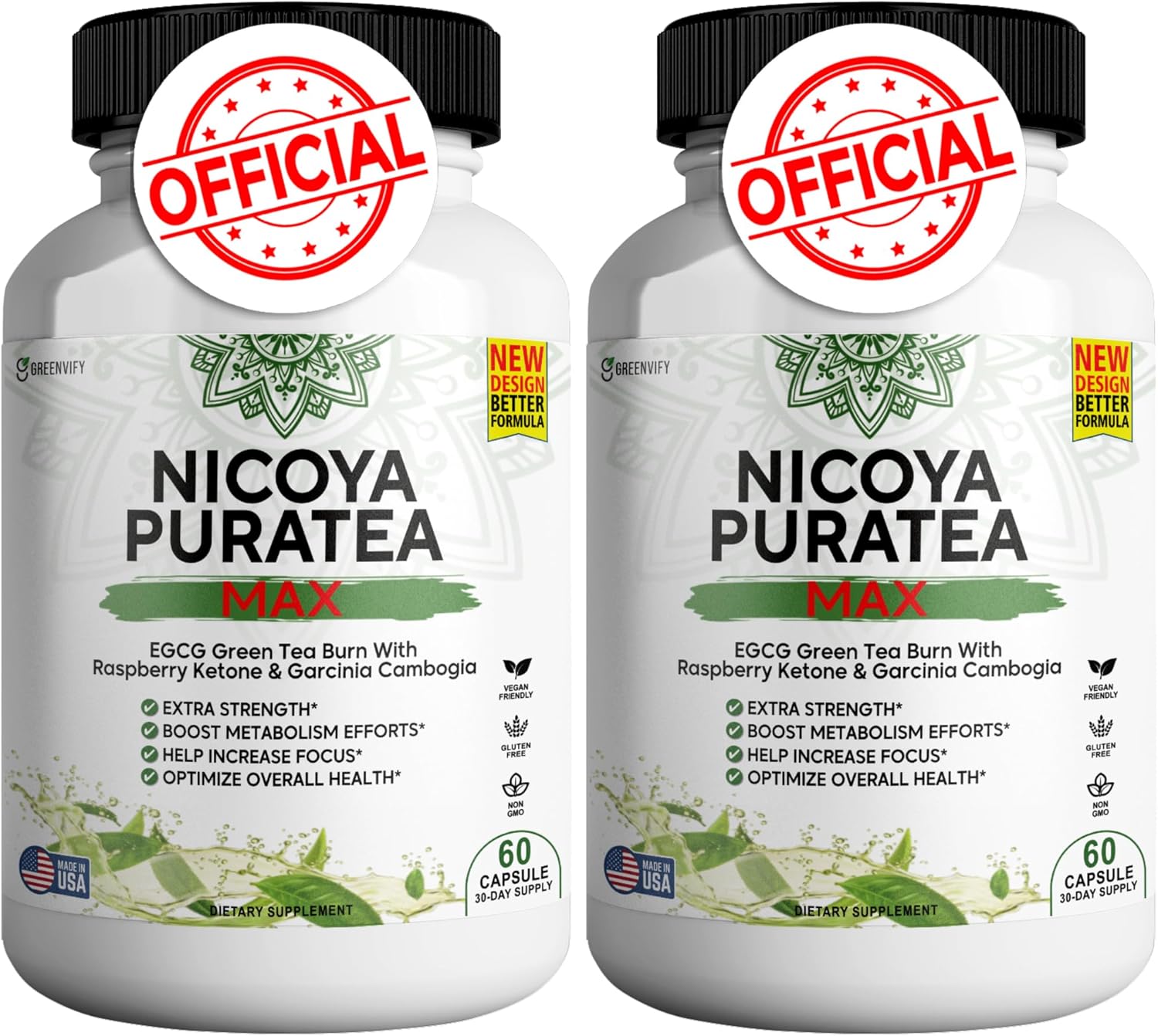 120 Capsules of GREENVIFY Nicoya PuraTea Max Green Tea Extract & Green Coffee Bean for Metabolism Support, Energy Boost & Antioxidants