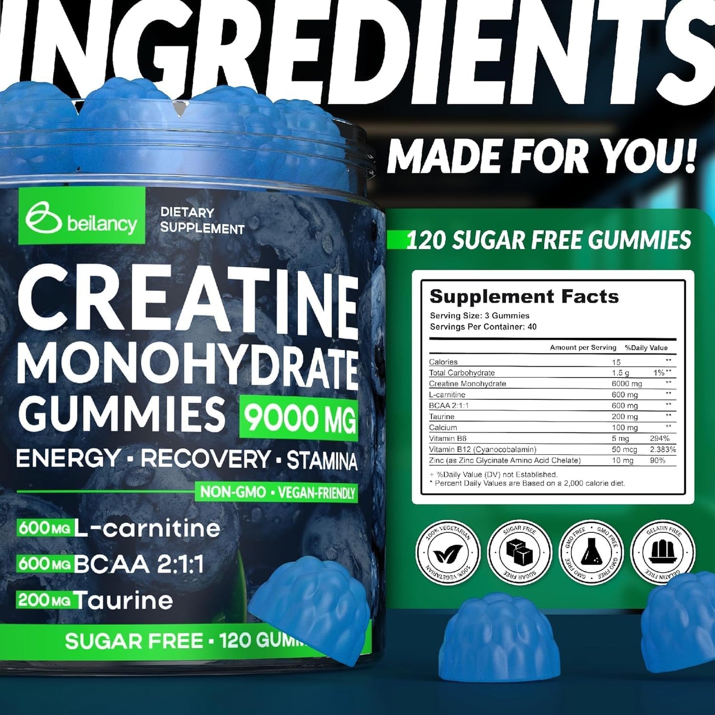 120-Count Beilancy Creatine Monohydrate Gummies: Ideal for Active Lifestyles