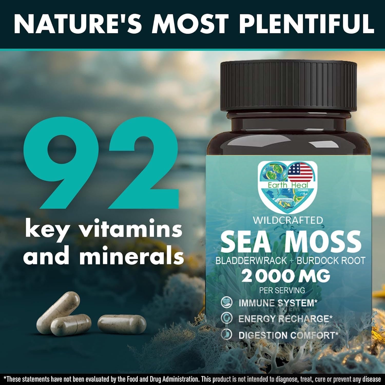 120 Count Earth Heal Vitamins Sea Moss Capsules, Natural Supplement for Immune Support
