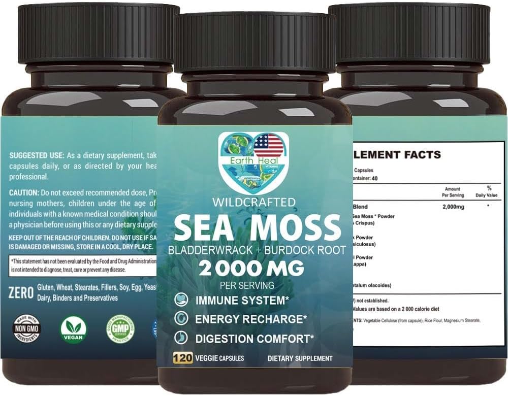 120 Count Earth Heal Vitamins Sea Moss Capsules, Natural Supplement for Immune Support