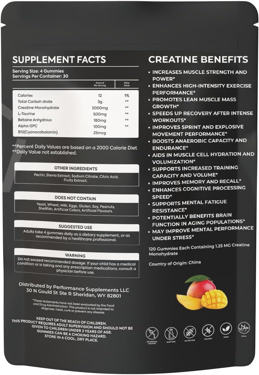 120 Count Sugar Free Creatine Monohydrate Gummies - Tropical Mango Flavor for Enhanced Performance