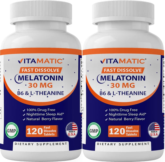 120 Fast Dissolve Melatonin Tablets with B6 & L-Theanine, Natural Berry Flavor - 30 mg (2 Tablets = 60 mg Dose) - Pack of 240 Tablets