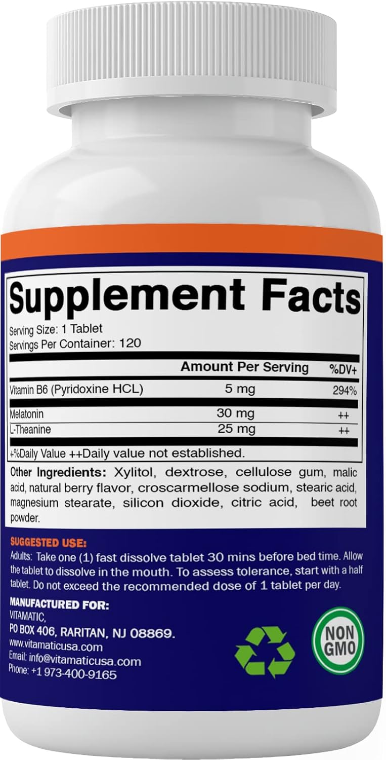 120 Fast Dissolve Melatonin Tablets with B6 & L-Theanine, Natural Berry Flavor - 30 mg (2 Tablets = 60 mg Dose) - Pack of 240 Tablets