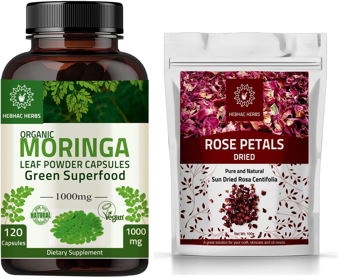 120 Moringa Capsules with 200g Dried Rose Petals by Hebhac Herbs