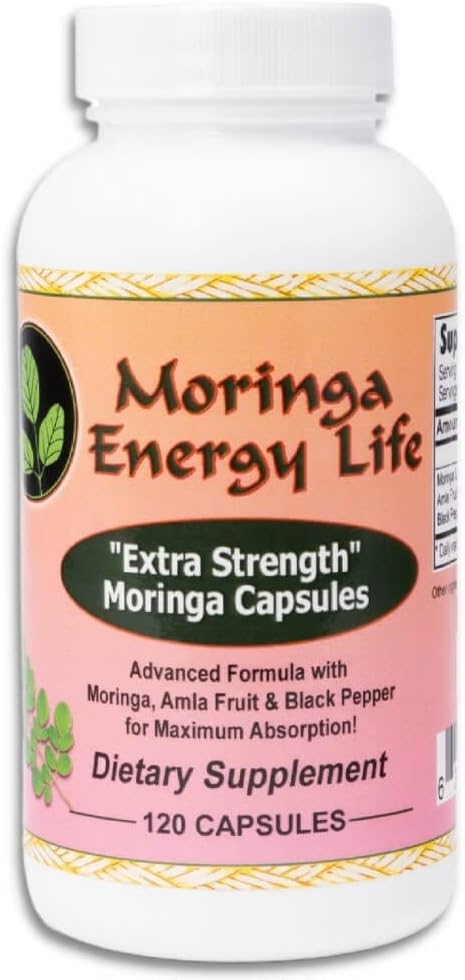 120 Moringa Extra Strength Capsules with Moringa Leaf, Amla Fruit, and Black Pepper - Gluten-Free, Non-GMO, Vegan Supplement for Energy
