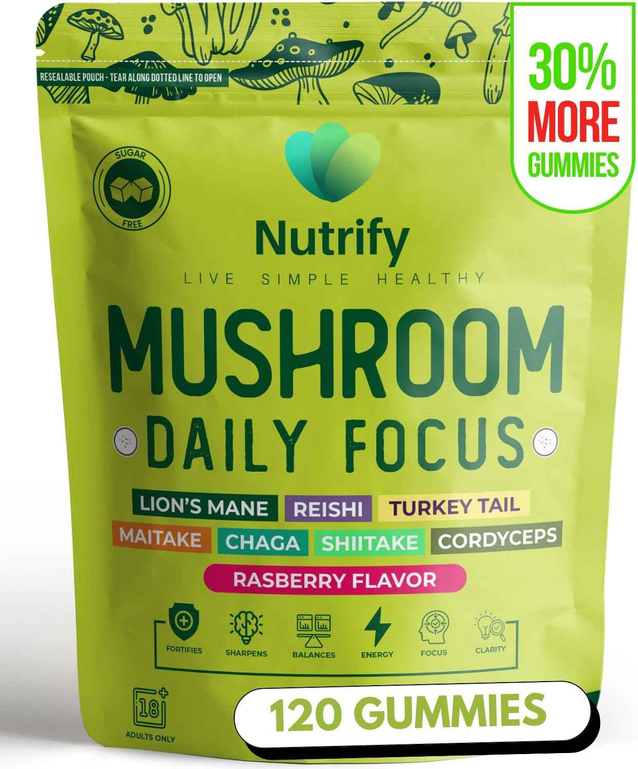 120 Mushroom Gummies Immune Support & Brain Performance Resilience & Memory Boost with Reishi, Cordyceps, Turkey Tail, Maitake, Shiitake & Chaga Delicious Raspberry Flavor Vegan & Sugar Free