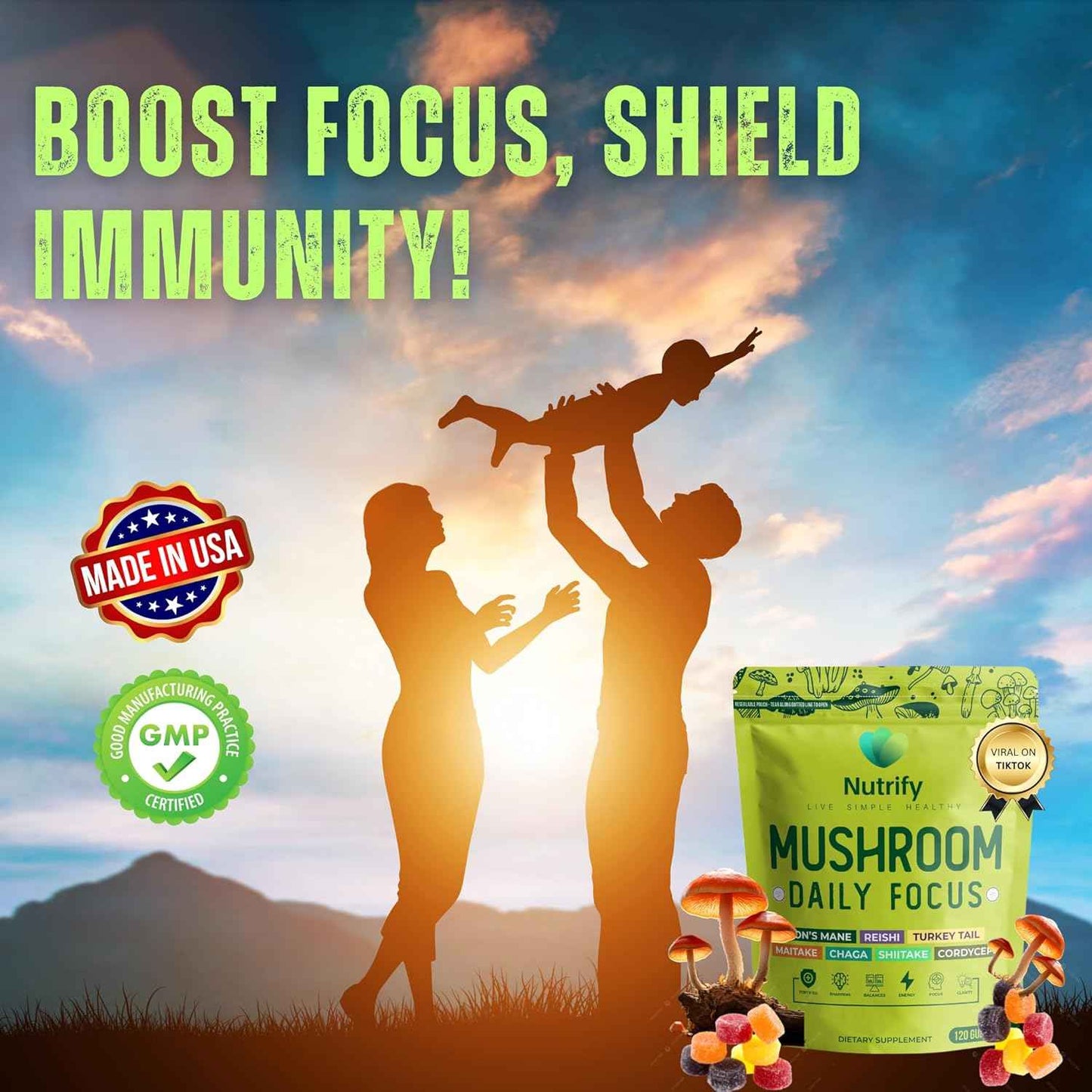 120 Mushroom Gummies Immune Support & Brain Performance Resilience & Memory Boost with Reishi, Cordyceps, Turkey Tail, Maitake, Shiitake & Chaga Delicious Raspberry Flavor Vegan & Sugar Free